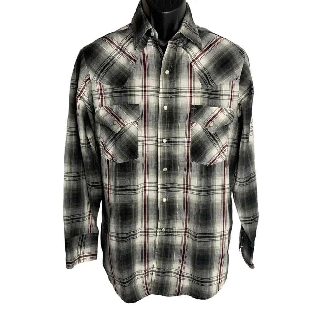 Plains Pearl Snap Western Shirt S Grey Plaid Long Sleeves Pockets One Point Yoke